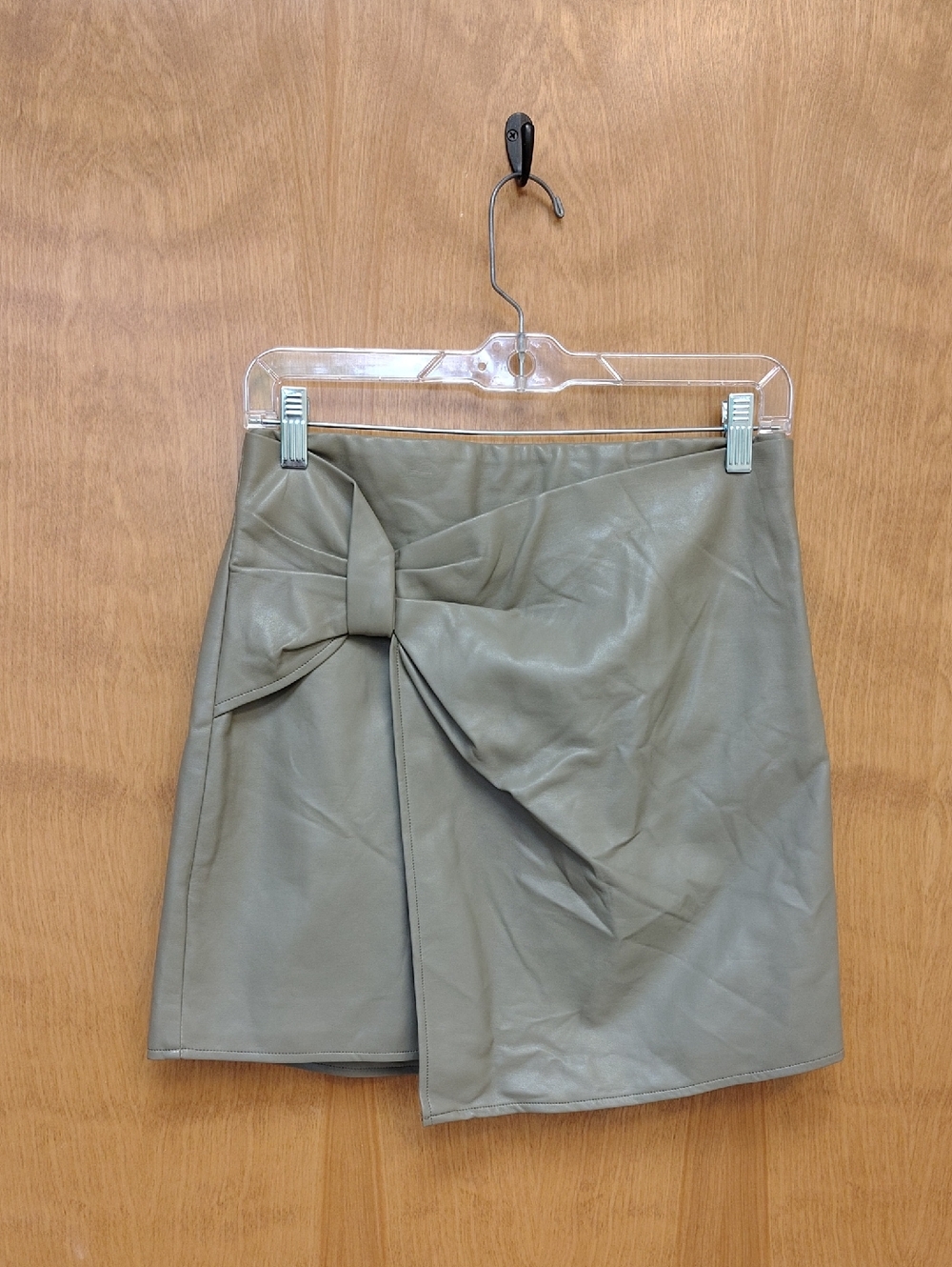 Paper Crane Khaki Faux Leather Bow-Front Mini Skirt